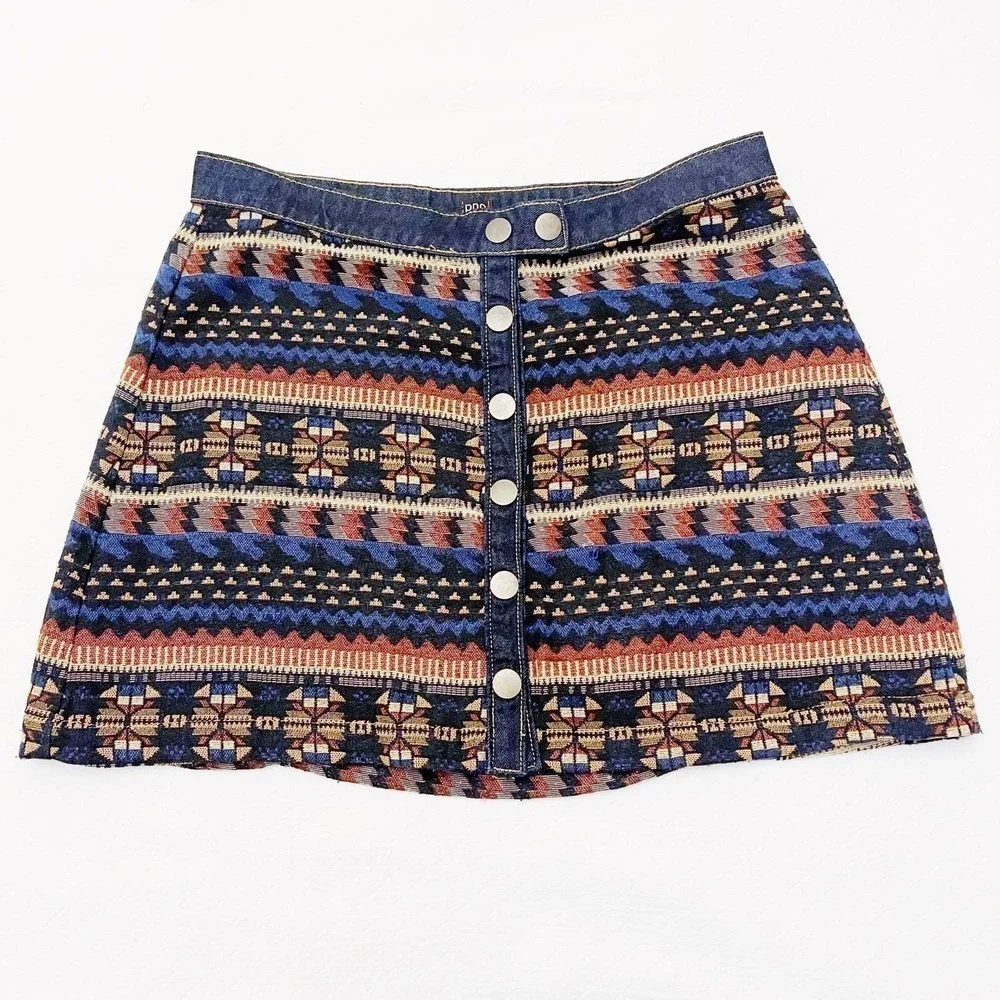 BDG Denim Skirt Native Woven Print Copper Buttons SZXL
